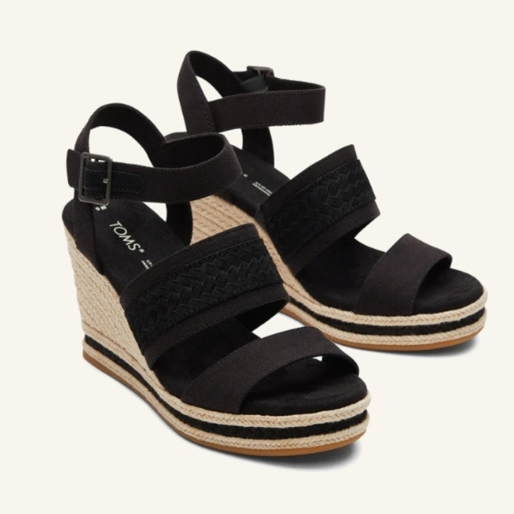 Toms Madelyn Black Canvas Braided Wedge Sandal